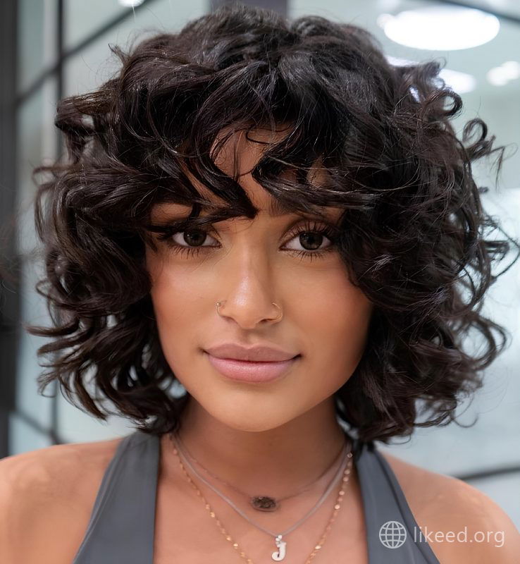 Natural Curls with Soft Bangs for a Romantic Look