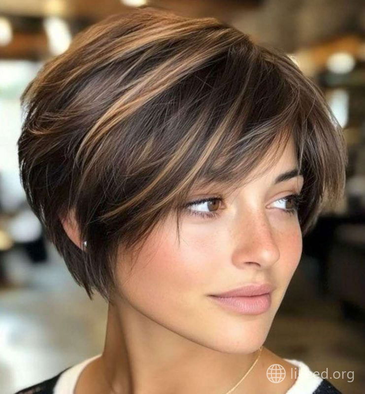 Rich Brunette Pixie with Golden Highlights for a Bold Look