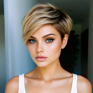 Asymmetrical Pixie Bob with Soft Blonde Balayage