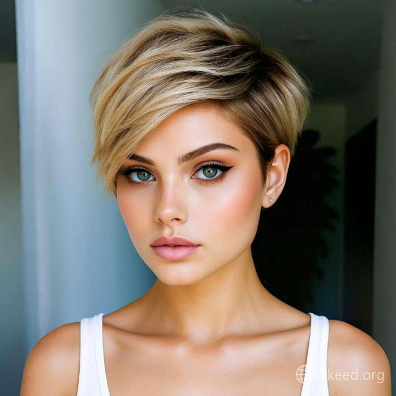 Asymmetrical Pixie Bob with Soft Blonde Balayage