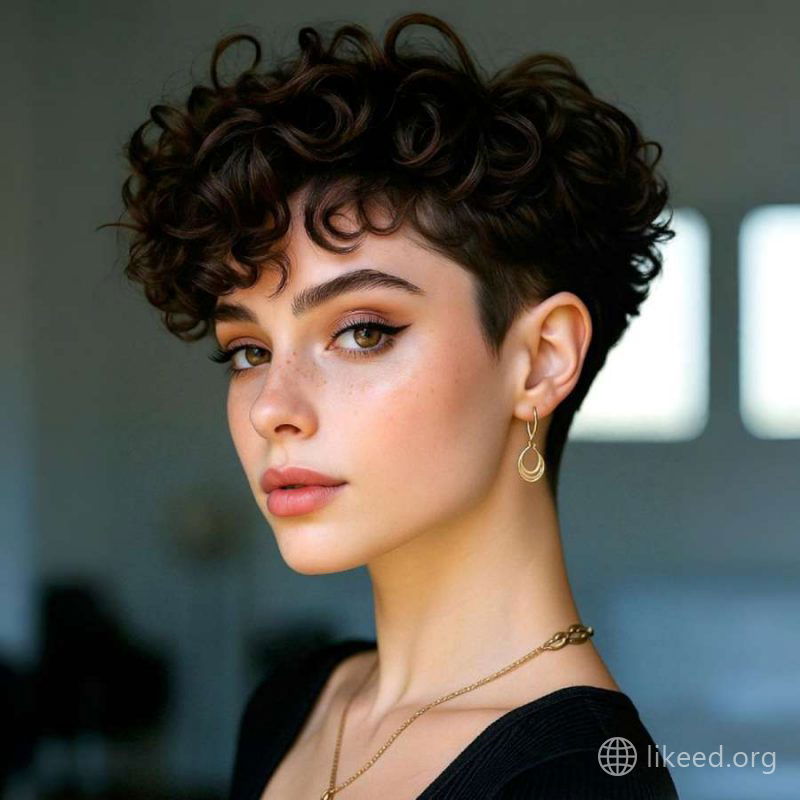 Chic Precision: Voluminous Pixie with Defined Curls and Undercut Elegance