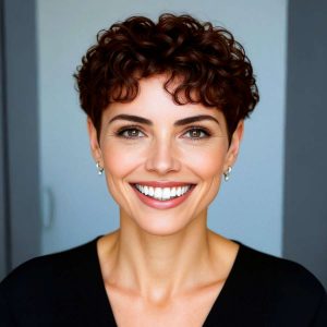 Confident Curls: Structured Short Cut with a Warm Auburn Glow