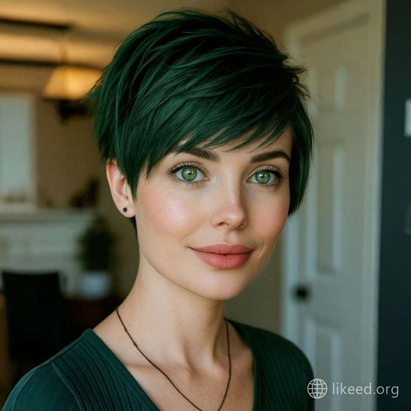Deep Green Pixie with Wispy Layers and Casual Elegance