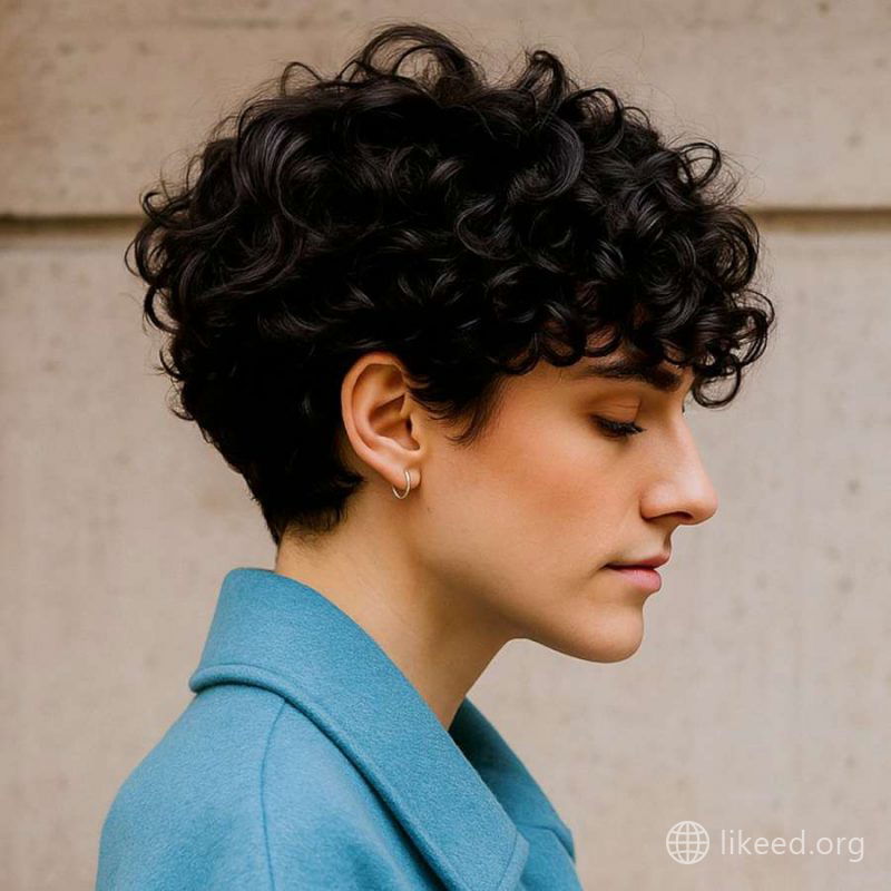 Edgy Side-Profile Curly Pixie Cut in Deep Black