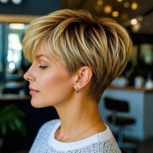 Elegant Voluminous Pixie Cut with Honey Blonde Highlights
