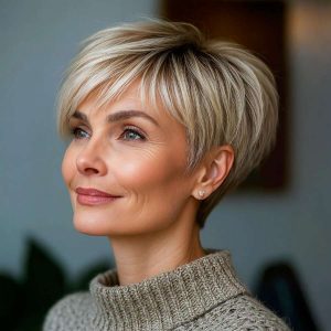 Frosted Ash Blonde Pixie with Feathered Bangs