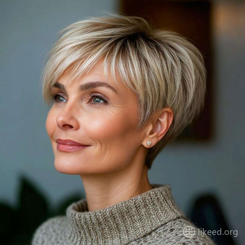 Frosted Ash Blonde Pixie with Feathered Bangs