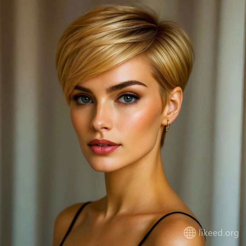 Glamorous Side-Swept Pixie with Sleek Golden Shine