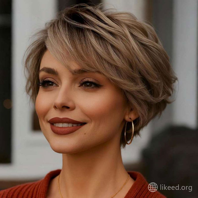 Layered Ash Brown Bob with Curtain Bangs – Graceful and Timeless