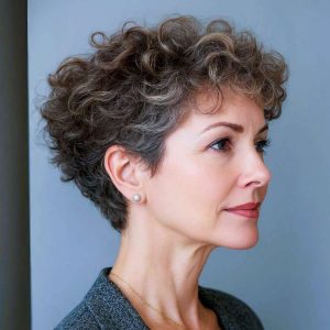 Refined Texture: Layered Curly Crop for Mature Elegance