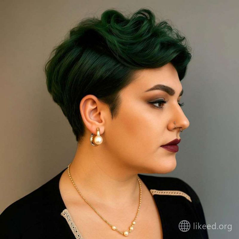 Retro-Inspired Voluminous Pixie with Sculpted Emerald Waves
