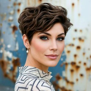 Sculpted Elegance: Short Wavy Crop with Side Part for a Glamorous Finish