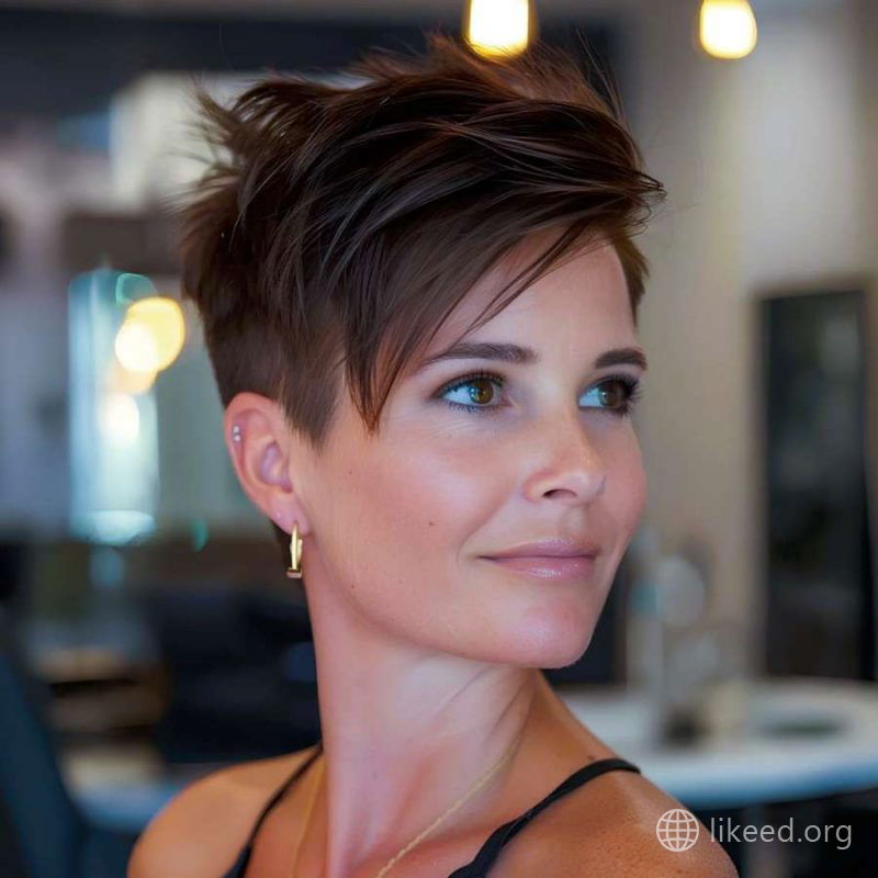 Sharp Brunette Pixie with Angled Fringe