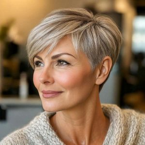 Side-Swept Ash Blonde Pixie – Sleek, Sophisticated, and Effortlessly Modern
