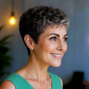 Silver Chic: Tapered Curly Pixie with a Sophisticated Twist