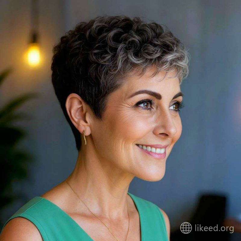 Silver Chic: Tapered Curly Pixie with a Sophisticated Twist