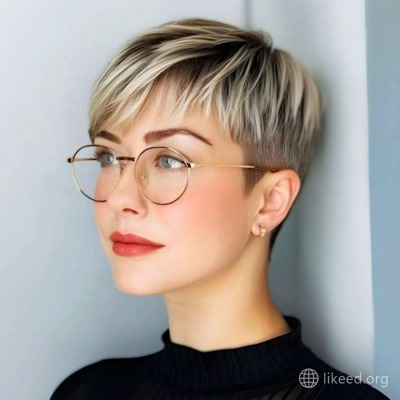 Sleek Blonde Pixie with Blunt Micro Bangs and Glasses