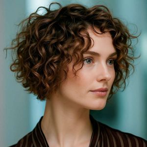 Soft Angled Bob with Natural Brown Curls