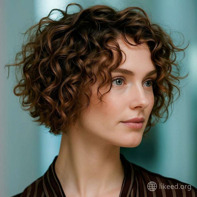 Soft Angled Bob with Natural Brown Curls