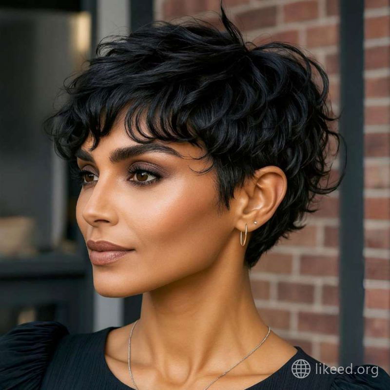 Soft Tousled Pixie with Bangs – A Dark and Elegant Flair