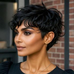 Soft Tousled Pixie with Bangs – A Dark and Elegant Flair