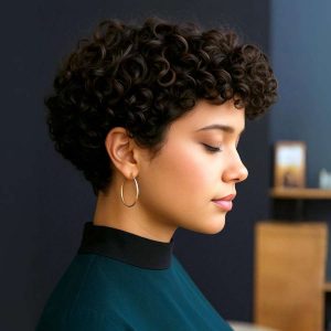 Tight Curls, Sleek Silhouette: Precision-Cut Curly Pixie with Artistic Shape