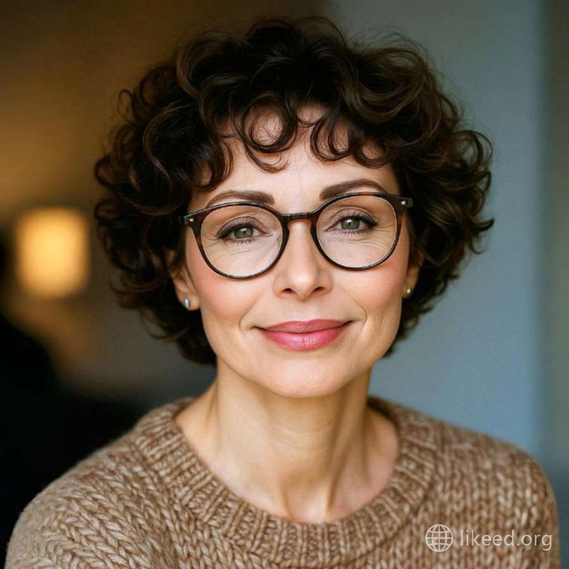 Timeless Charm: Soft Curly Crop with Glasses for Effortless Sophistication