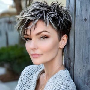Tousled Brunette Pixie with Silver Highlights