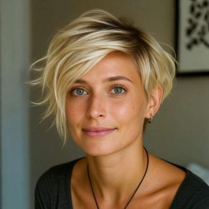 Tousled Platinum Pixie with Side-Swept Fringe