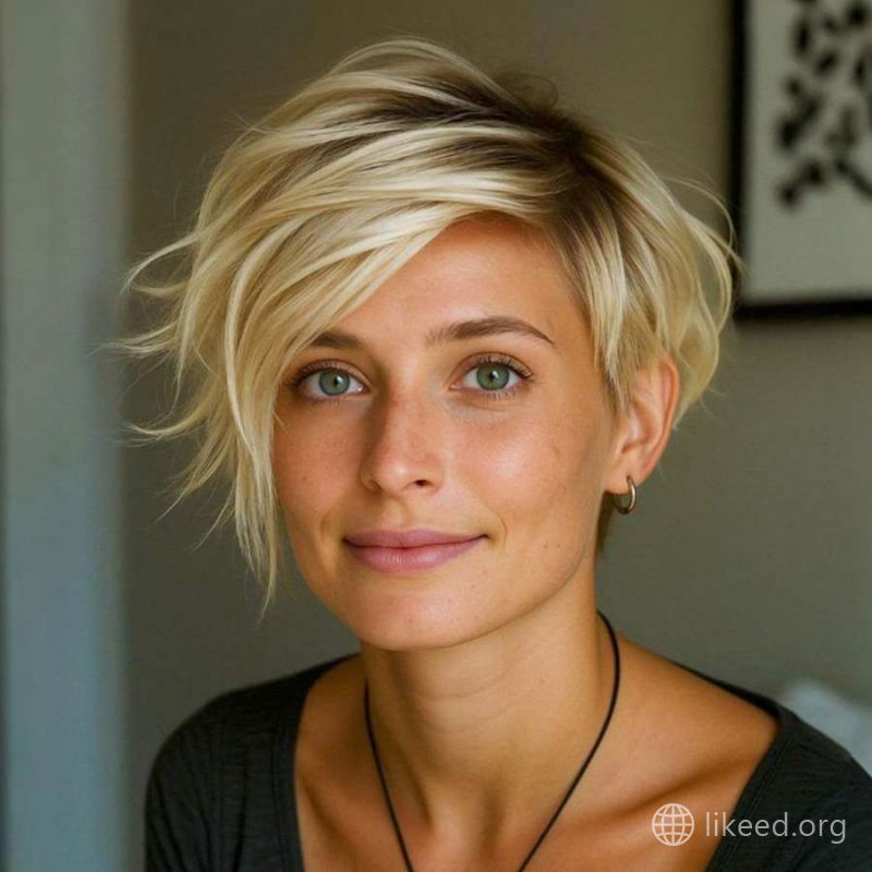 Tousled Platinum Pixie with Side-Swept Fringe
