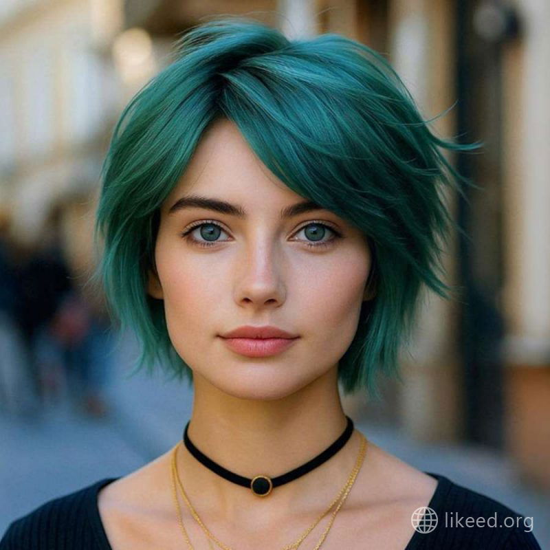 Wispy Short Shag with Teal Layers and Feathered Ends